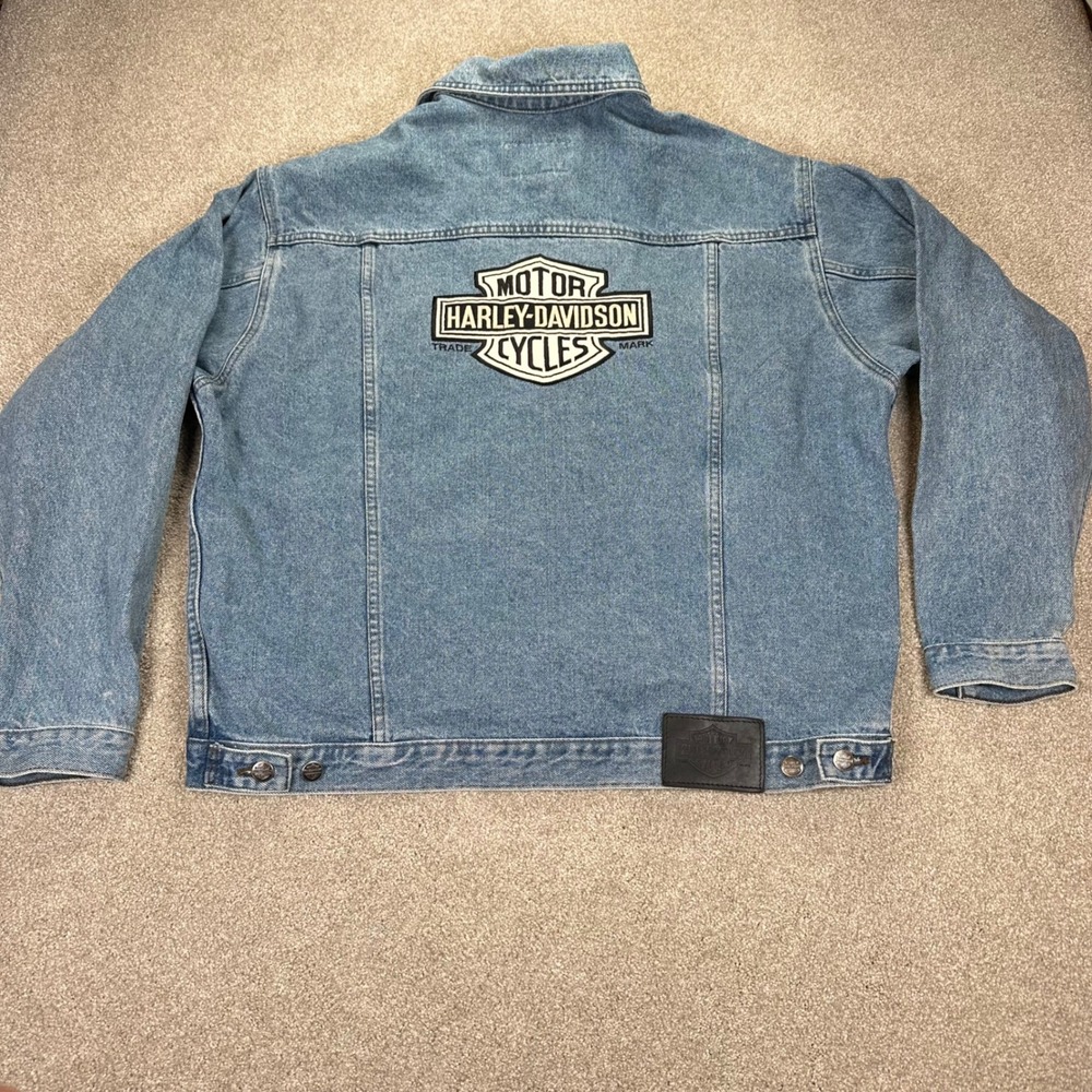 Harley-Davidson Mens Large Denim Jacket Blue Back Patch Biker Trucker Canada